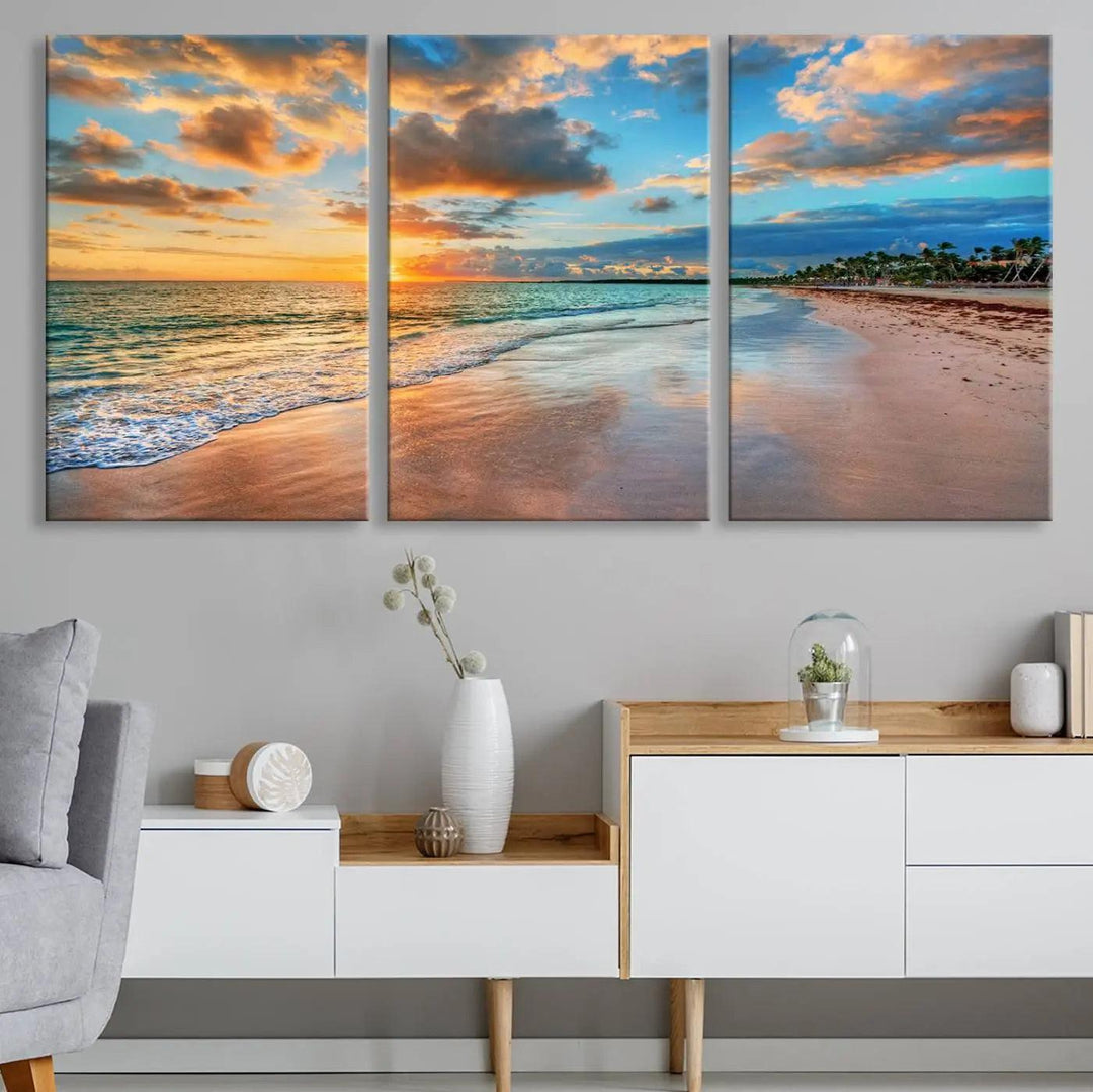 The "Sunset Ocean Waves on Tropical Beach," a 3-panel giclee canvas art featuring a vibrant palm-lined shore, creates a perfect coastal vibe.