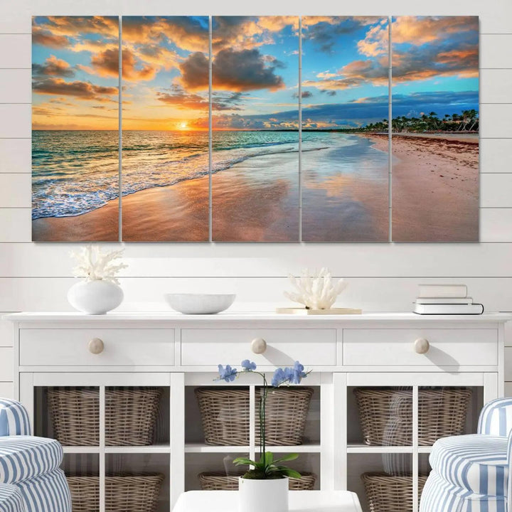 The "Sunset Ocean Waves on Tropical Beach," a 3-panel giclee canvas art featuring a vibrant palm-lined shore, creates a perfect coastal vibe.