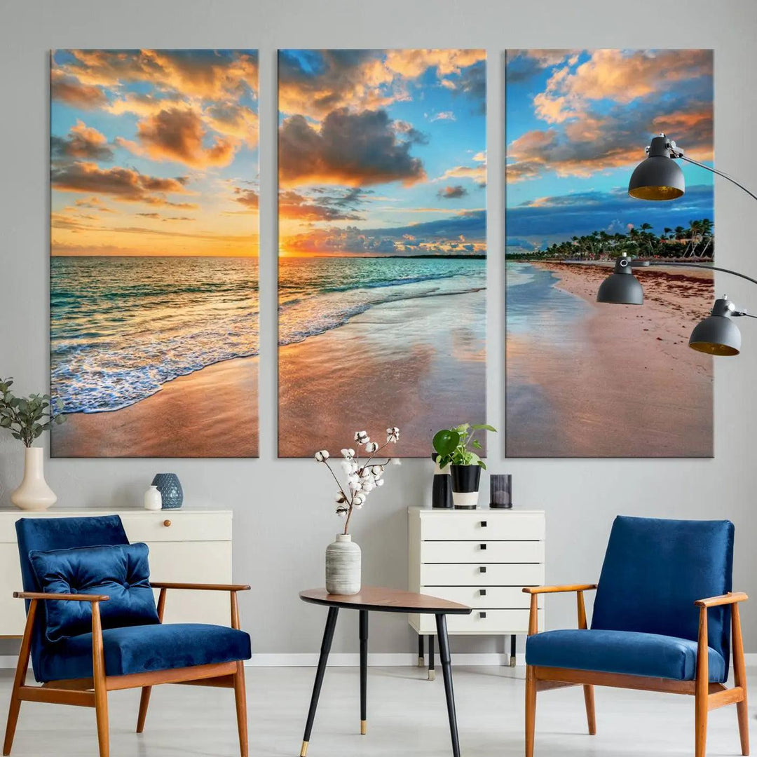 The "Sunset Ocean Waves on Tropical Beach," a 3-panel giclee canvas art featuring a vibrant palm-lined shore, creates a perfect coastal vibe.