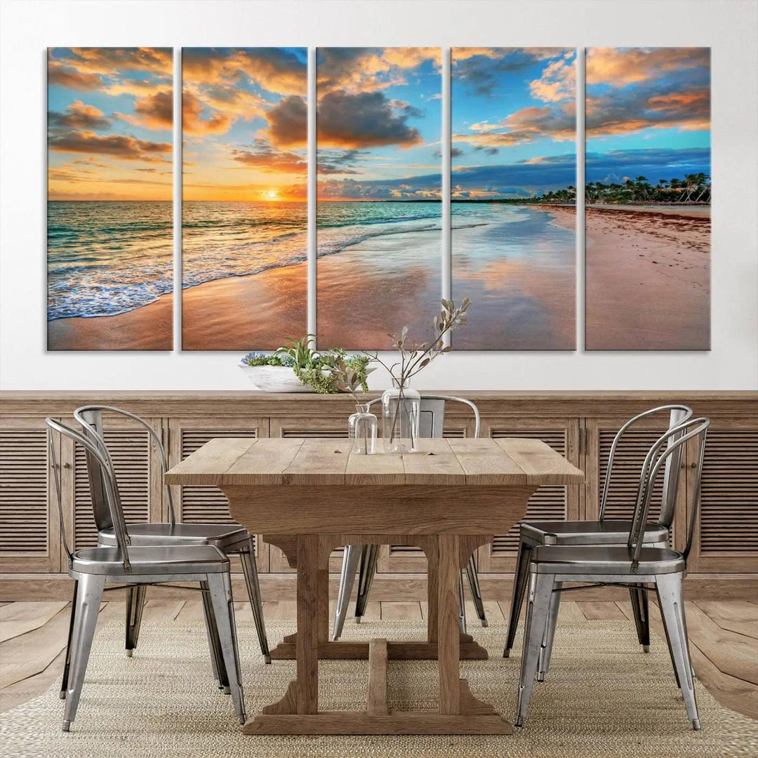 The "Sunset Ocean Waves on Tropical Beach," a 3-panel giclee canvas art featuring a vibrant palm-lined shore, creates a perfect coastal vibe.