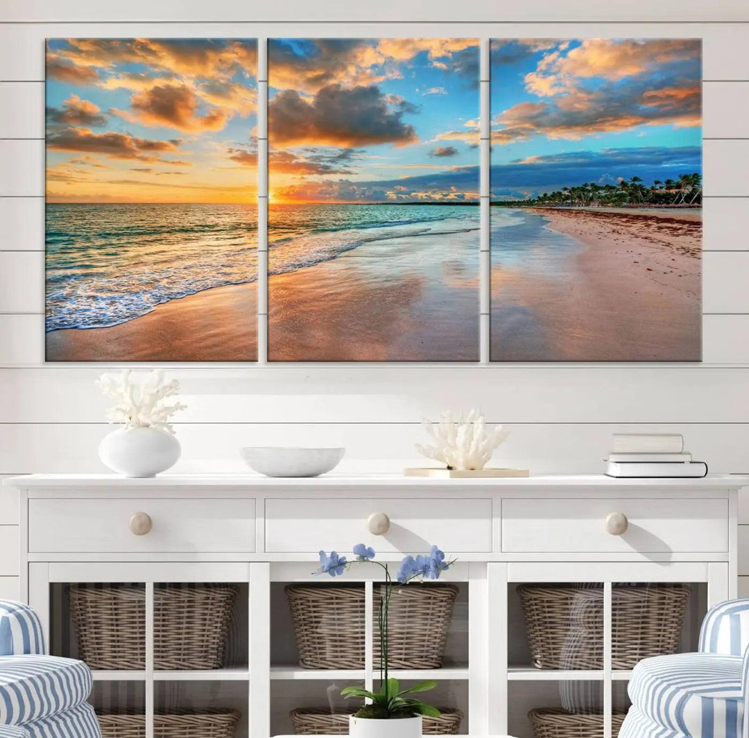 The "Sunset Ocean Waves on Tropical Beach," a 3-panel giclee canvas art featuring a vibrant palm-lined shore, creates a perfect coastal vibe.