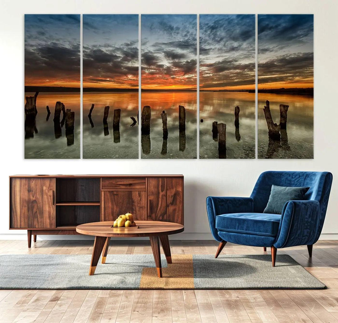 Sunset Reflection on Wooden Pier Giclee Canvas Print – Panoramic Wall Art for Modern Living Room, Serene Nature Photography Print