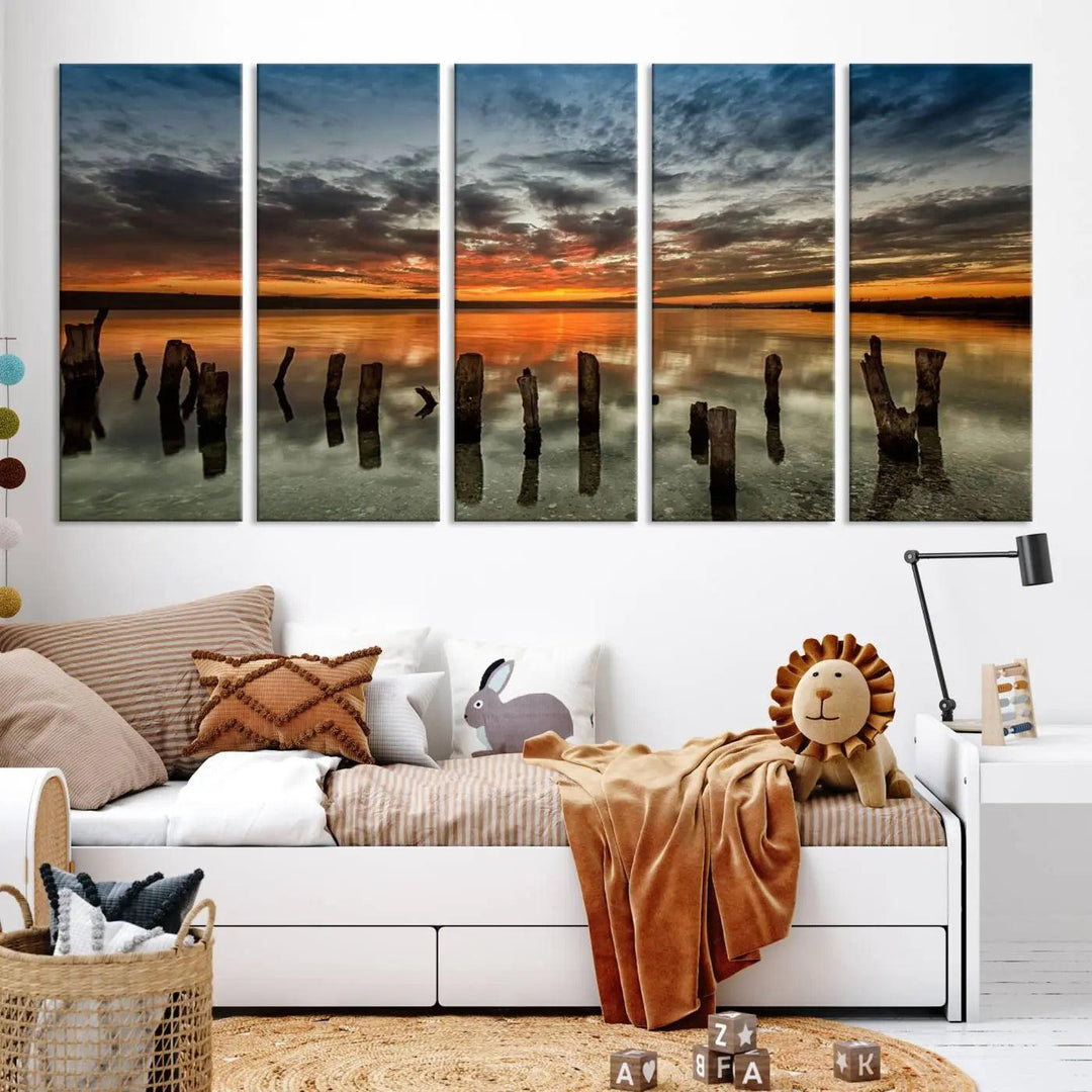 Sunset Reflection on Wooden Pier Giclee Canvas Print – Panoramic Wall Art for Modern Living Room, Serene Nature Photography Print