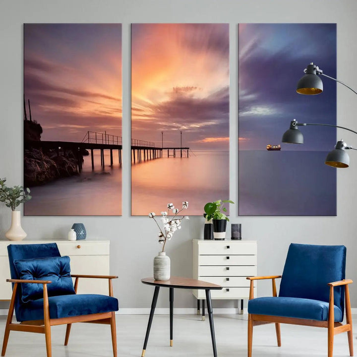 Sunset serenity pier canvas art, giclee canvas print with gallery wrap and Canon print quality, perfect for modern coastal decor.