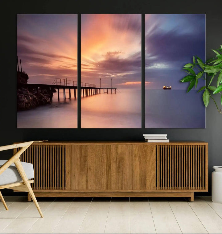 Sunset serenity pier canvas art, giclee canvas print with gallery wrap and Canon print quality, perfect for modern coastal decor.