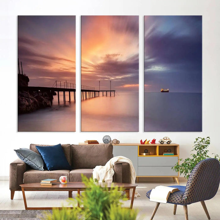 Sunset serenity pier canvas art, giclee canvas print with gallery wrap and Canon print quality, perfect for modern coastal decor.