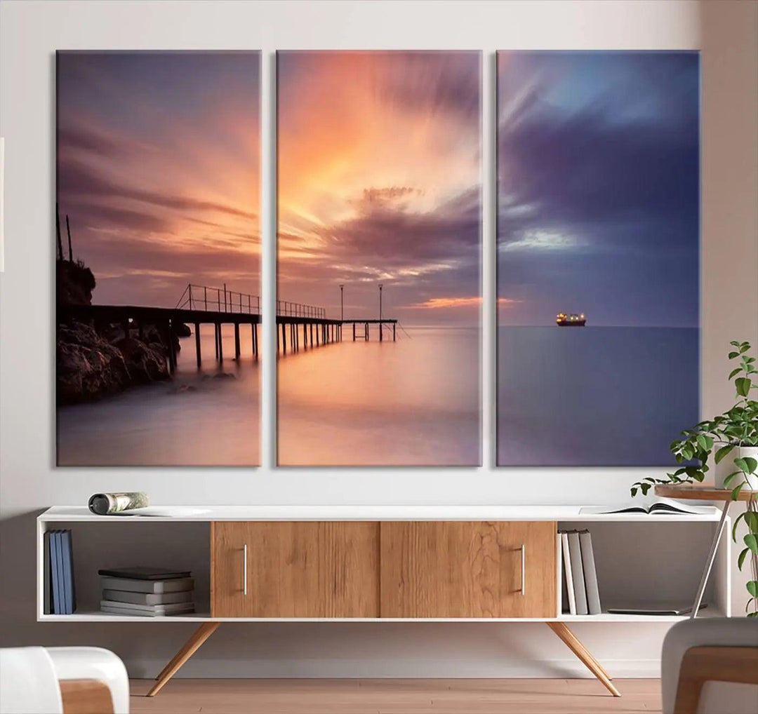 Sunset serenity pier canvas art, giclee canvas print with gallery wrap and Canon print quality, perfect for modern coastal decor.