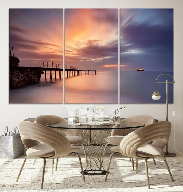 Sunset serenity pier canvas art, giclee canvas print with gallery wrap and Canon print quality, perfect for modern coastal decor.