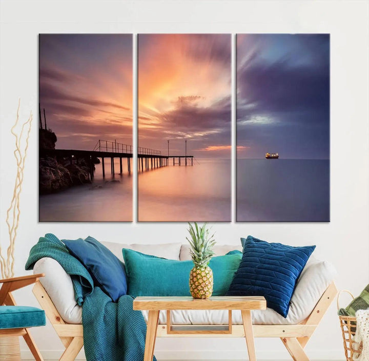 Sunset serenity pier canvas art, giclee canvas print with gallery wrap and Canon print quality, perfect for modern coastal decor.