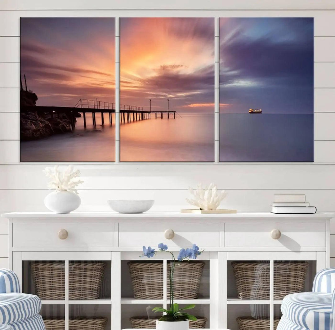 Sunset serenity pier canvas art, giclee canvas print with gallery wrap and Canon print quality, perfect for modern coastal decor.