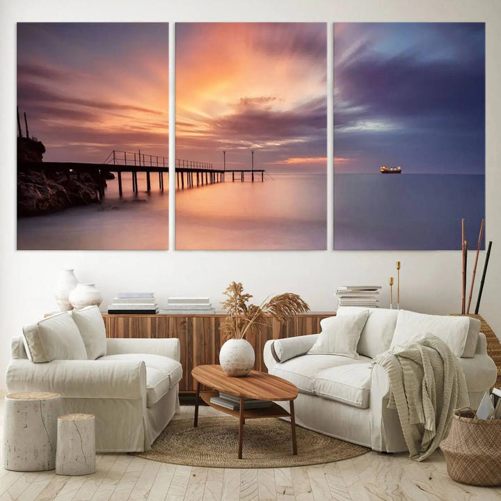 Sunset serenity pier canvas art, giclee canvas print with gallery wrap and Canon print quality, perfect for modern coastal decor.