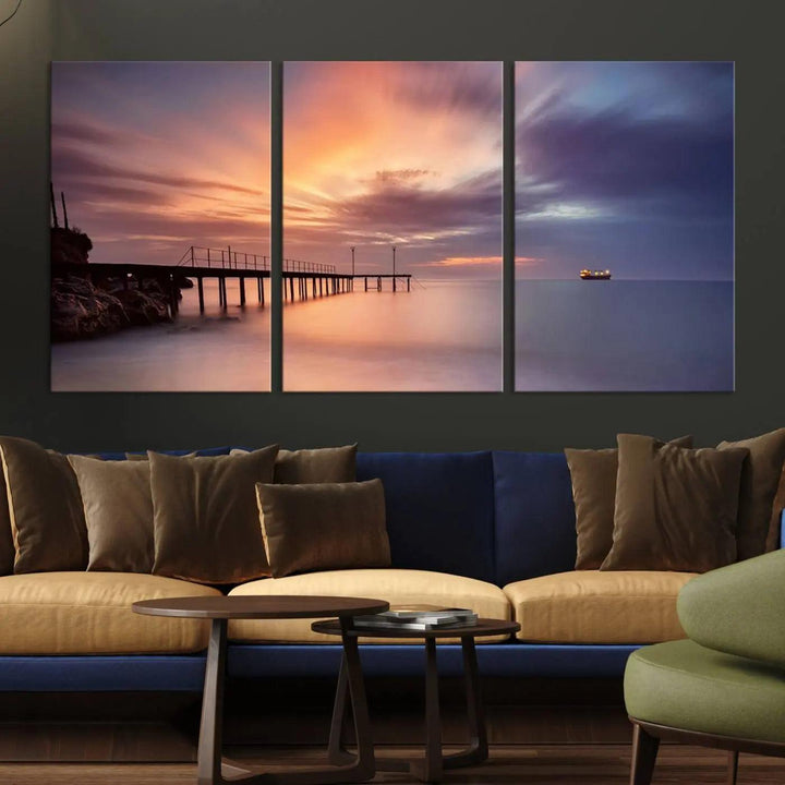 Sunset serenity pier canvas art, giclee canvas print with gallery wrap and Canon print quality, perfect for modern coastal decor.