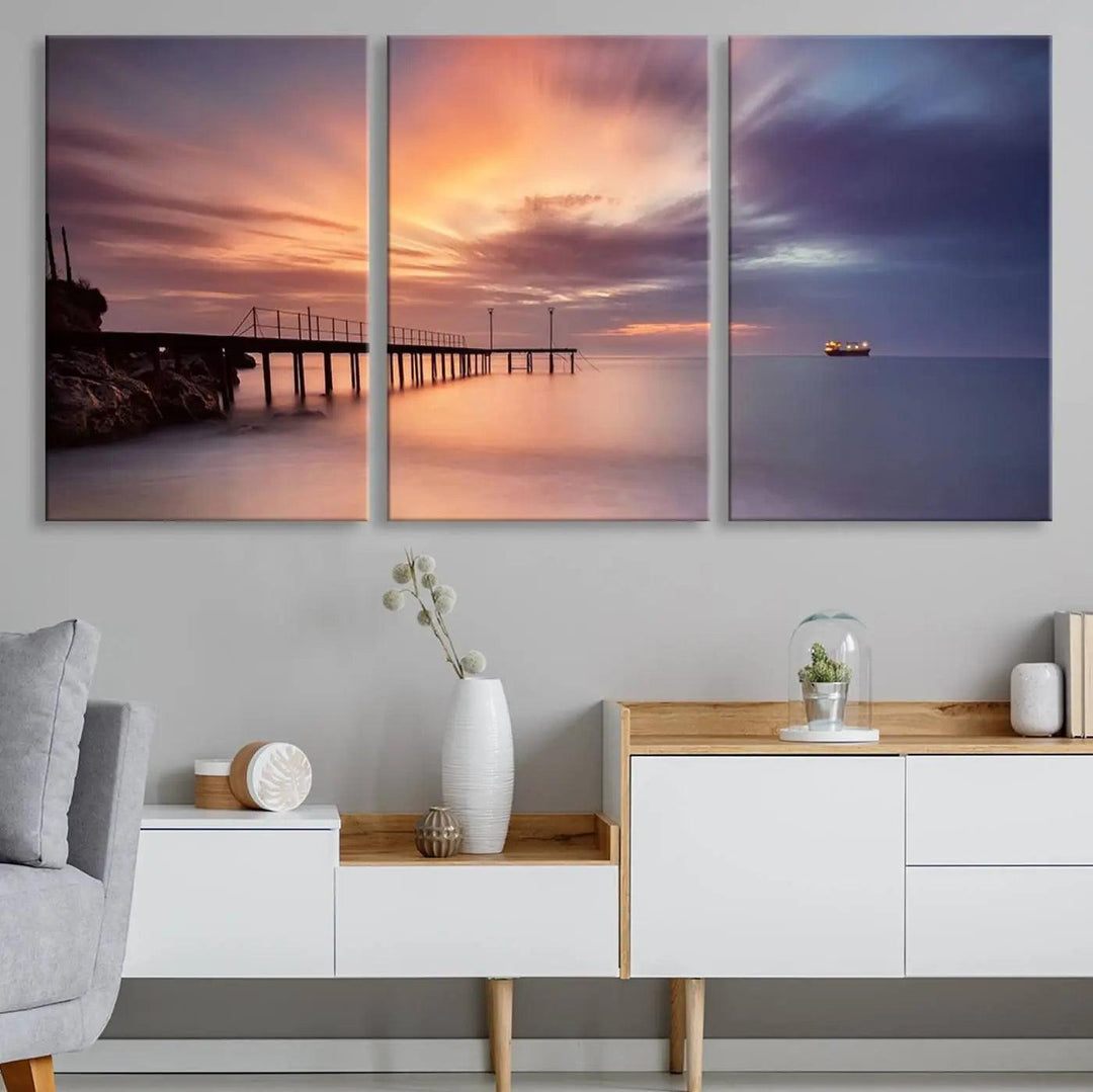 Sunset serenity pier canvas art, giclee canvas print with gallery wrap and Canon print quality, perfect for modern coastal decor.