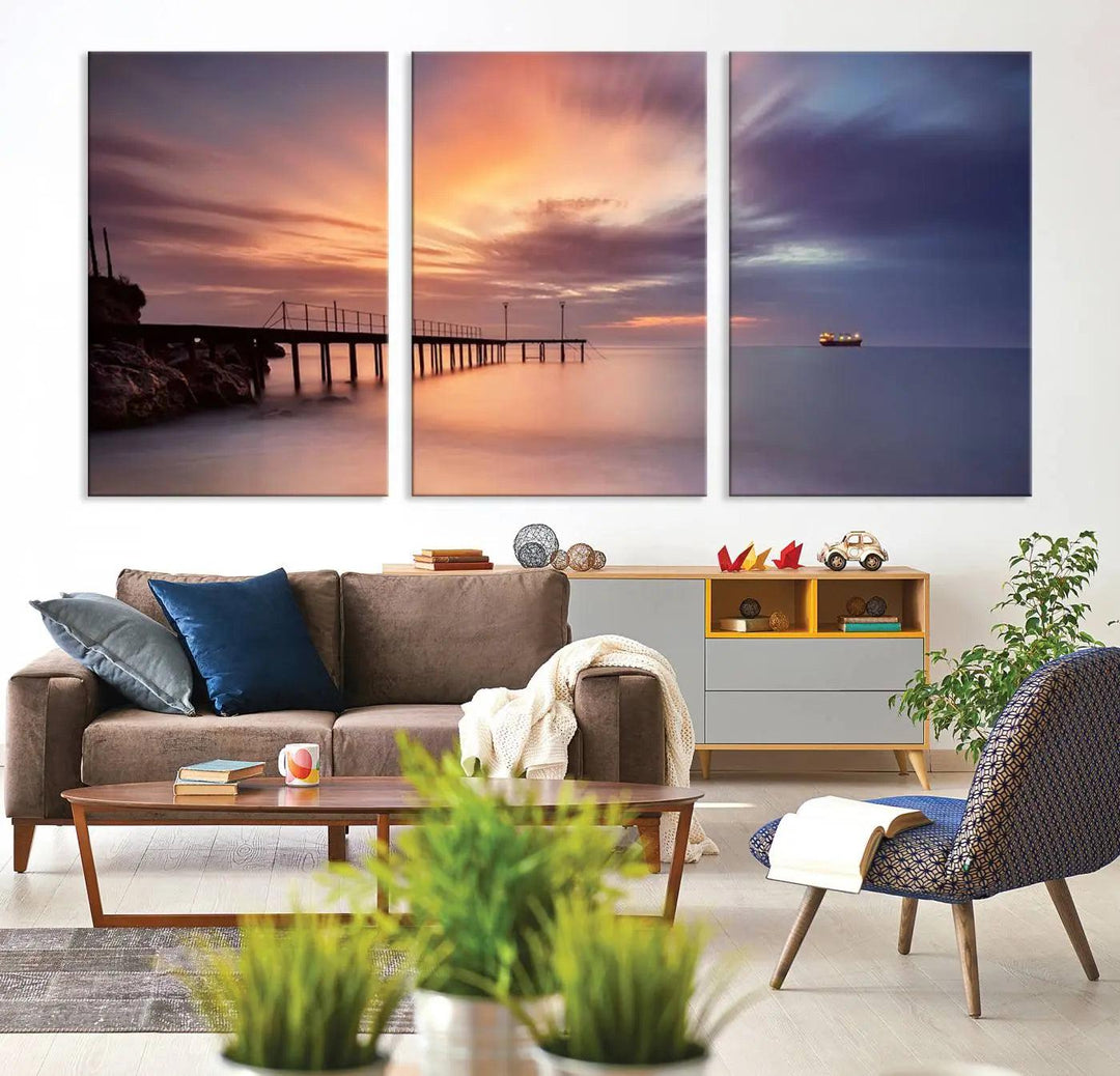 Sunset serenity pier canvas art, giclee canvas print with gallery wrap and Canon print quality, perfect for modern coastal decor.