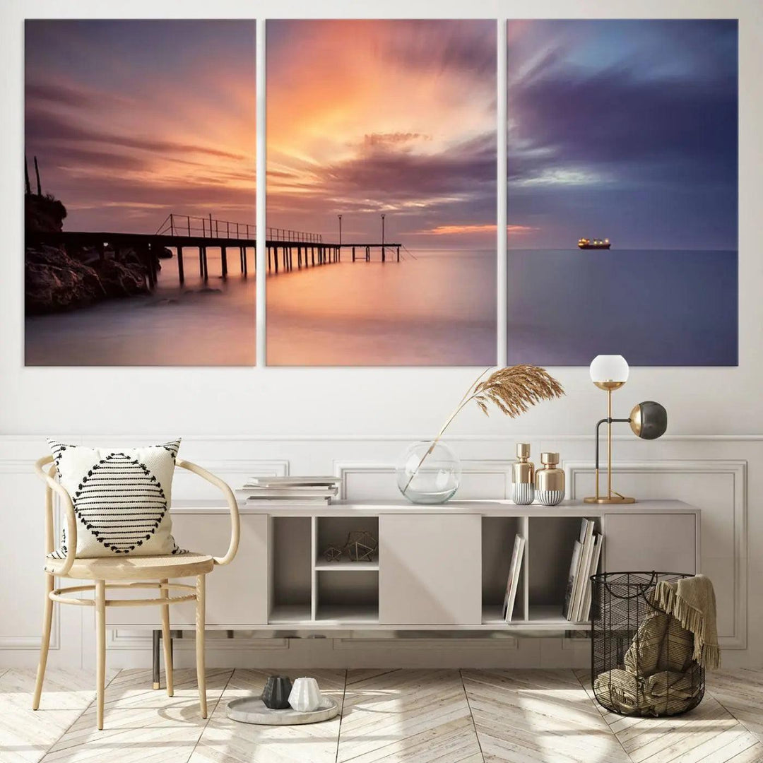 Sunset serenity pier canvas art, giclee canvas print with gallery wrap and Canon print quality, perfect for modern coastal decor.