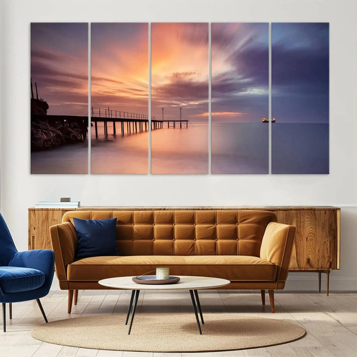 Sunset serenity pier canvas art, giclee canvas print with gallery wrap and Canon print quality, perfect for modern coastal decor.