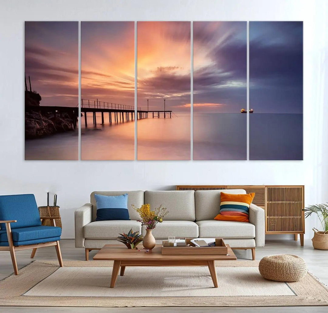 Sunset serenity pier canvas art, giclee canvas print with gallery wrap and Canon print quality, perfect for modern coastal decor.