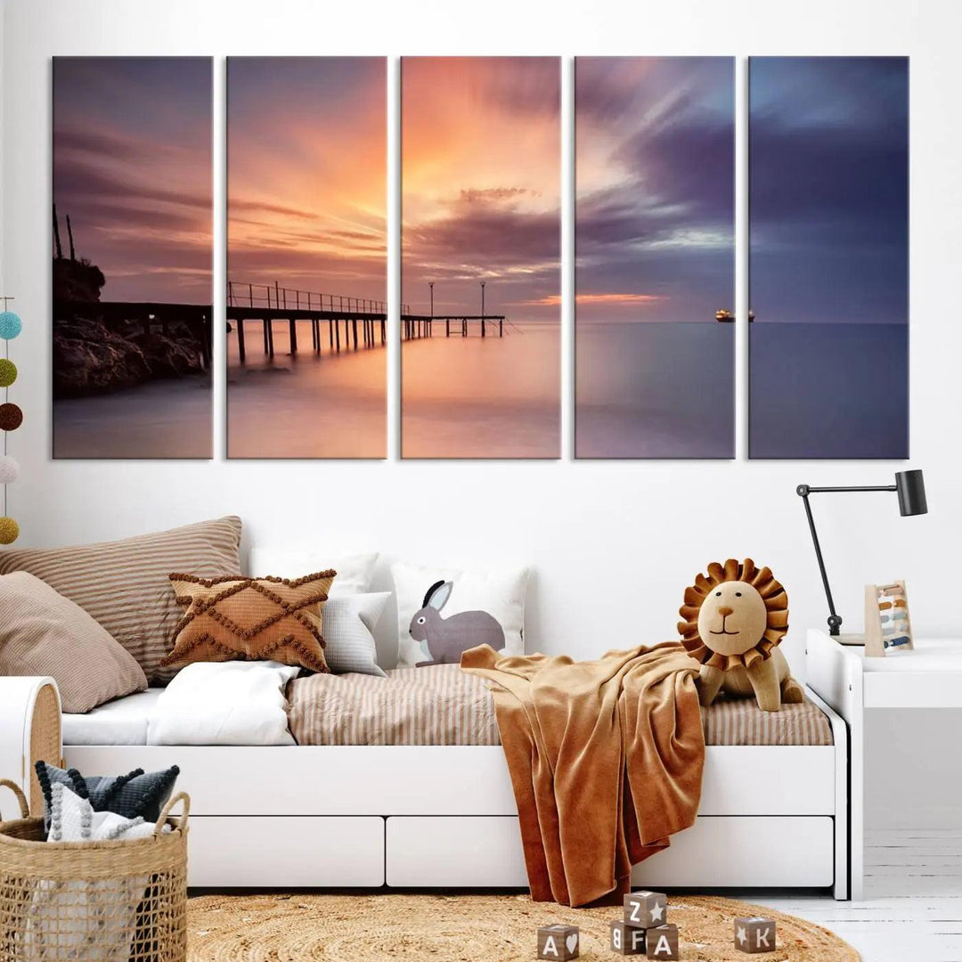 Sunset serenity pier canvas art, giclee canvas print with gallery wrap and Canon print quality, perfect for modern coastal decor.