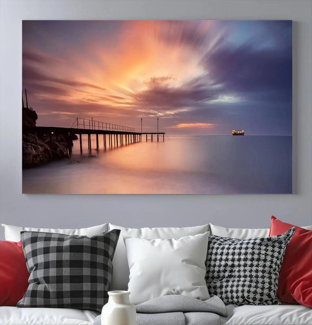 Sunset serenity pier canvas art, giclee canvas print with gallery wrap and Canon print quality, perfect for modern coastal decor.