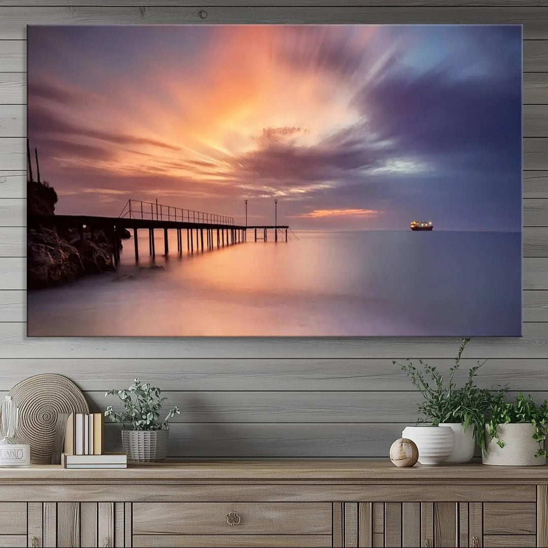 Sunset serenity pier canvas art, giclee canvas print with gallery wrap and Canon print quality, perfect for modern coastal decor.