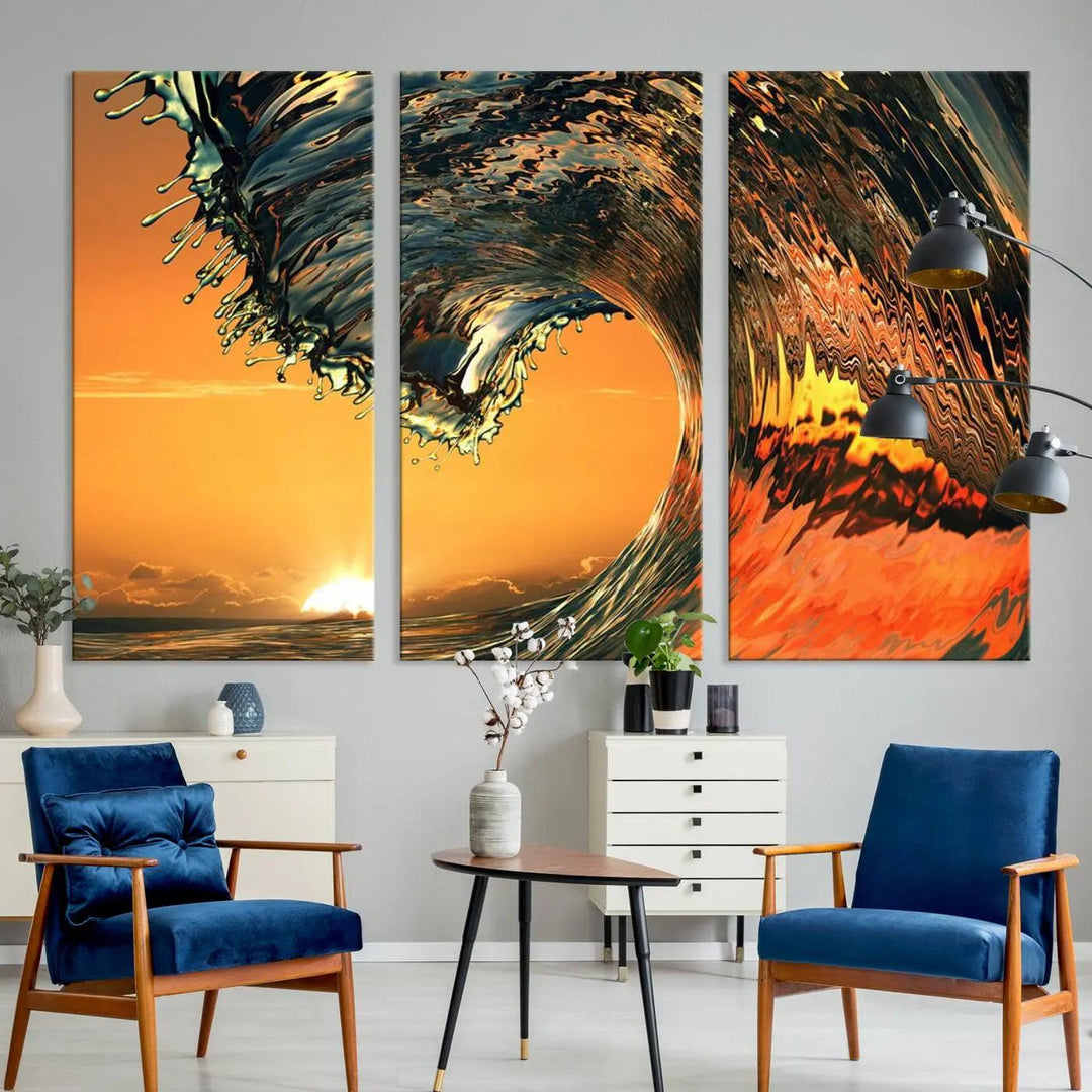 Surf Wave Sunset Canvas Wall Art Print, 3-Panel Ocean Coastal Wall Art Print, Ocean Decor for Coastal Homes, Living Room, Farmhouse Wall Decor