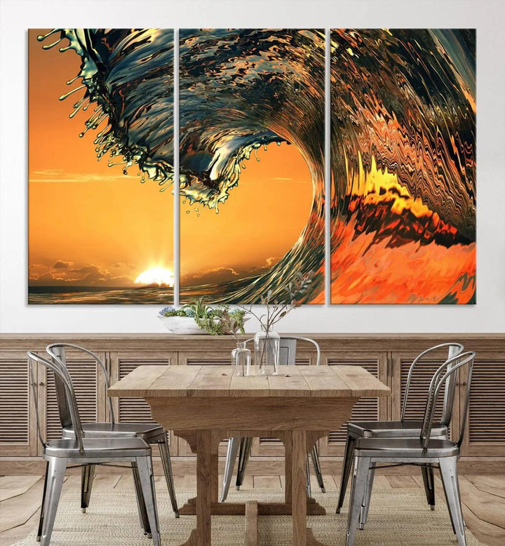 Surf Wave Sunset Canvas Wall Art Print, 3-Panel Ocean Coastal Wall Art Print, Ocean Decor for Coastal Homes, Living Room, Farmhouse Wall Decor