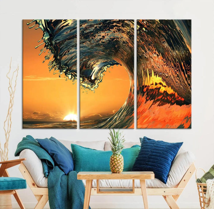 Surf Wave Sunset Canvas Wall Art Print, 3-Panel Ocean Coastal Wall Art Print, Ocean Decor for Coastal Homes, Living Room, Farmhouse Wall Decor