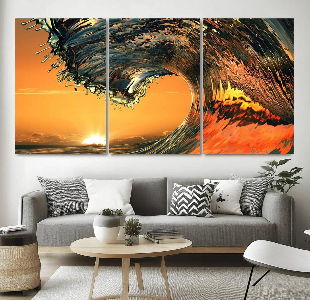 Surf Wave Sunset Canvas Wall Art Print, 3-Panel Ocean Coastal Wall Art Print, Ocean Decor for Coastal Homes, Living Room, Farmhouse Wall Decor