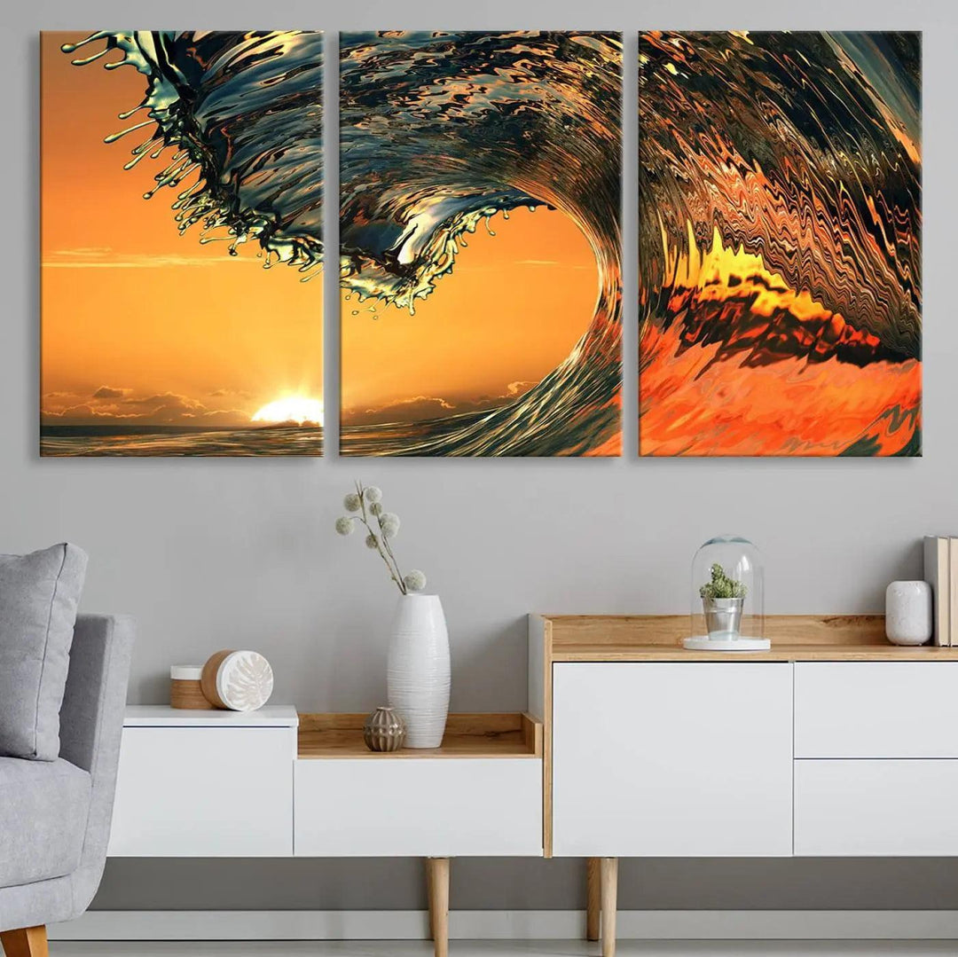 Surf Wave Sunset Canvas Wall Art Print, 3-Panel Ocean Coastal Wall Art Print, Ocean Decor for Coastal Homes, Living Room, Farmhouse Wall Decor