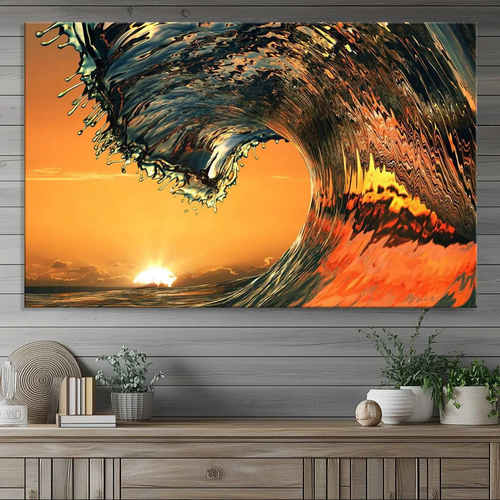 Surf Wave Sunset Canvas Wall Art Print, 3-Panel Ocean Coastal Wall Art Print, Ocean Decor for Coastal Homes, Living Room, Farmhouse Wall Decor