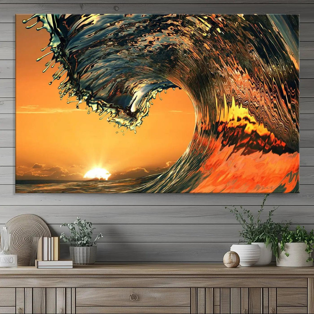 Surf Wave Sunset Canvas Wall Art Print, 3-Panel Ocean Coastal Wall Art Print, Ocean Decor for Coastal Homes, Living Room, Farmhouse Wall Decor