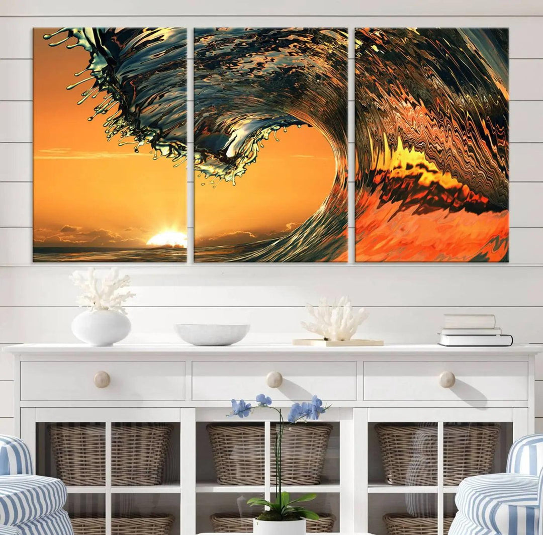 Surf Wave Sunset Canvas Wall Art Print, 3-Panel Ocean Coastal Wall Art Print, Ocean Decor for Coastal Homes, Living Room, Farmhouse Wall Decor