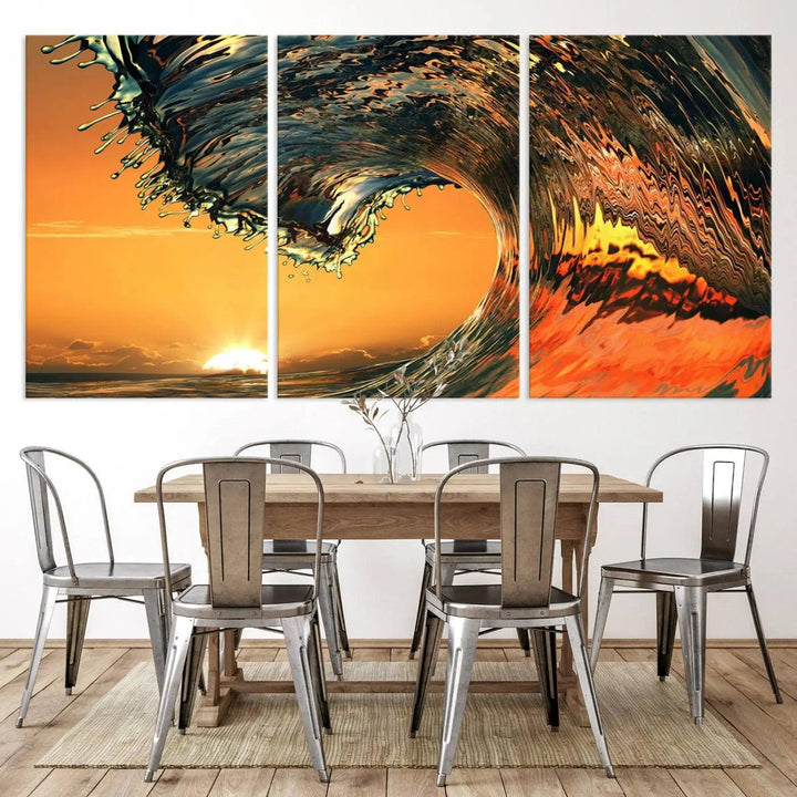 Surf Wave Sunset Canvas Wall Art Print, 3-Panel Ocean Coastal Wall Art Print, Ocean Decor for Coastal Homes, Living Room, Farmhouse Wall Decor