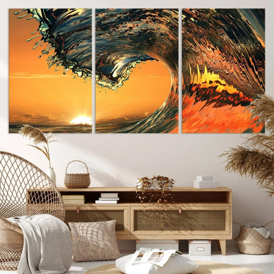 Surf Wave Sunset Canvas Wall Art Print, 3-Panel Ocean Coastal Wall Art Print, Ocean Decor for Coastal Homes, Living Room, Farmhouse Wall Decor