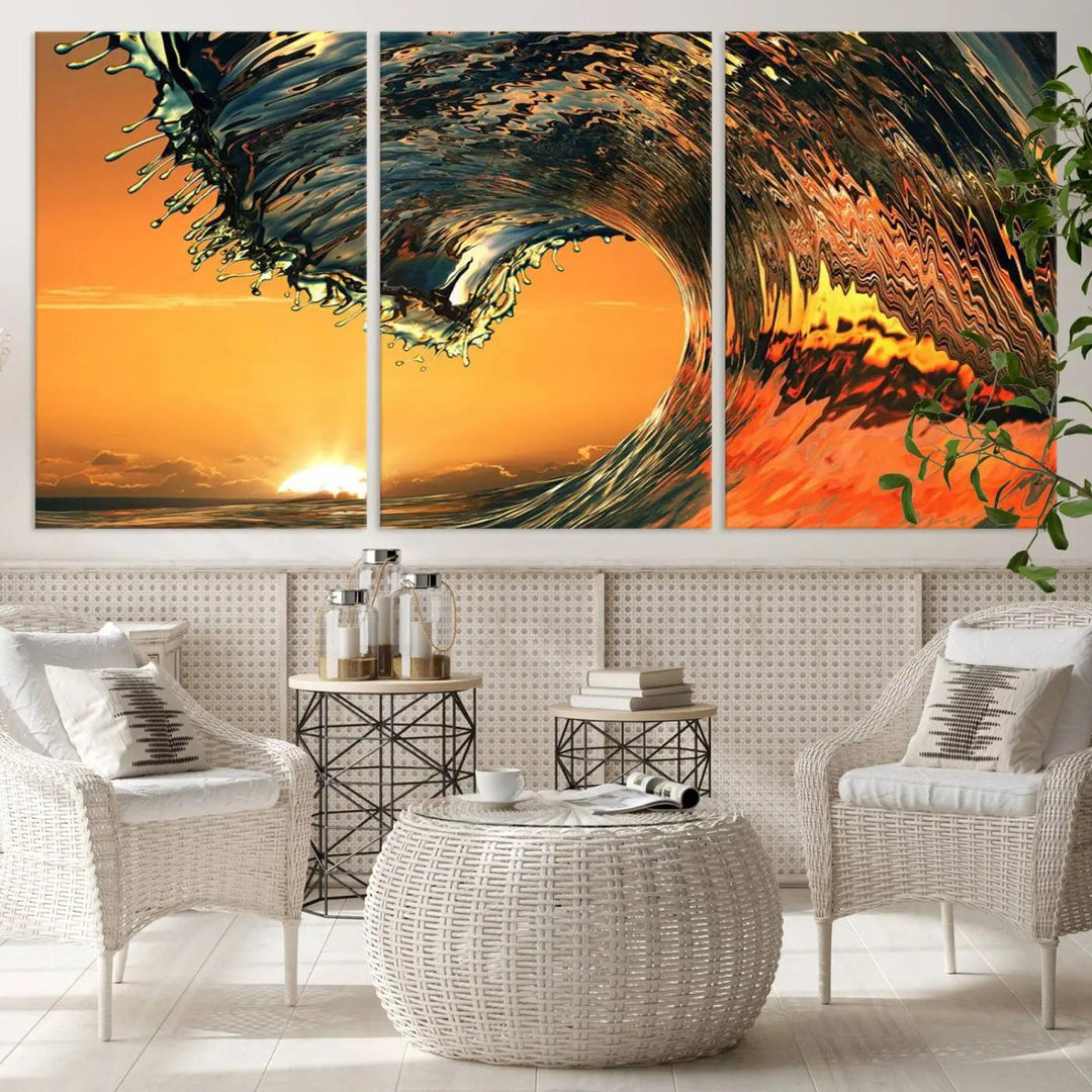 Surf Wave Sunset Canvas Wall Art Print, 3-Panel Ocean Coastal Wall Art Print, Ocean Decor for Coastal Homes, Living Room, Farmhouse Wall Decor