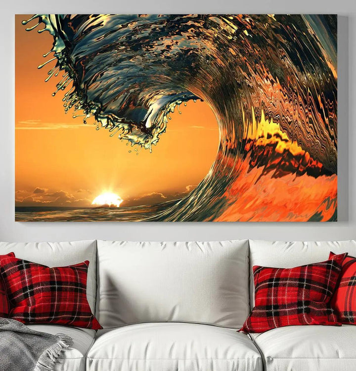 Surf Wave Sunset Canvas Wall Art Print, 3-Panel Ocean Coastal Wall Art Print, Ocean Decor for Coastal Homes, Living Room, Farmhouse Wall Decor