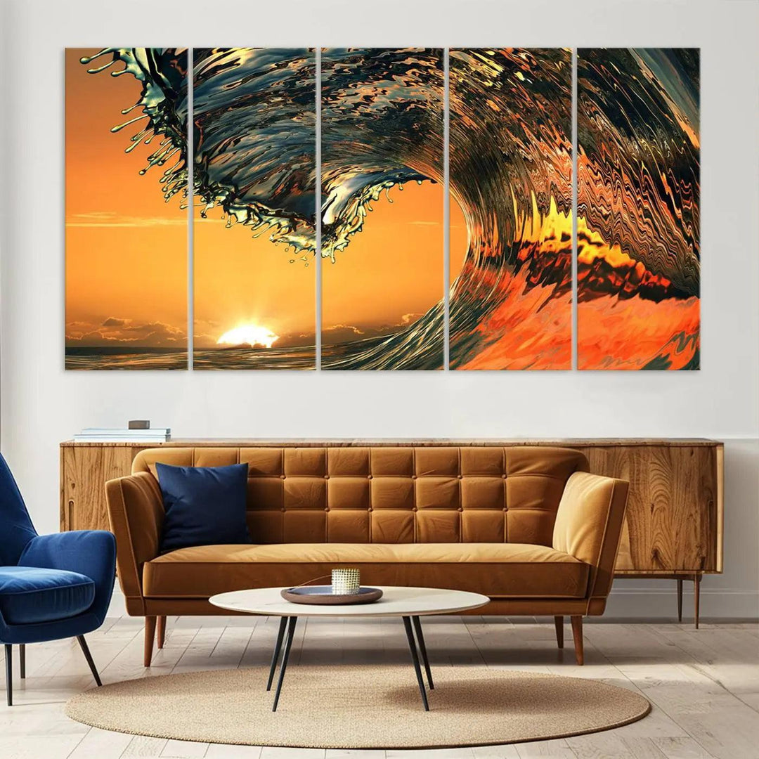 Surf Wave Sunset Canvas Wall Art Print, 3-Panel Ocean Coastal Wall Art Print, Ocean Decor for Coastal Homes, Living Room, Farmhouse Wall Decor