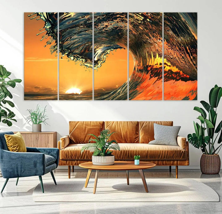 Surf Wave Sunset Canvas Wall Art Print, 3-Panel Ocean Coastal Wall Art Print, Ocean Decor for Coastal Homes, Living Room, Farmhouse Wall Decor