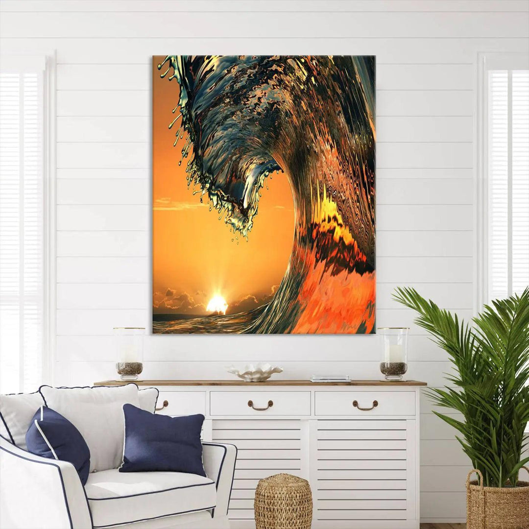 A vibrant three-panel canvas wall art print of a surf wave set against a stunning sunset backdrop, perfect for coastal homes or a farmhouse living room.