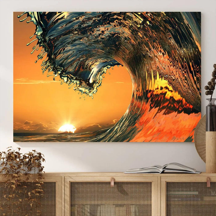 Surf Wave Sunset Canvas Wall Art Print, 3-Panel Ocean Coastal Wall Art Print, Ocean Decor for Coastal Homes, Living Room, Farmhouse Wall Decor