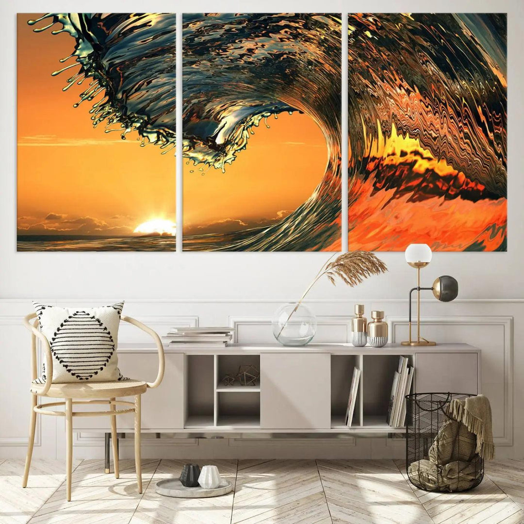 Surf Wave Sunset Canvas Wall Art Print, 3-Panel Ocean Coastal Wall Art Print, Ocean Decor for Coastal Homes, Living Room, Farmhouse Wall Decor