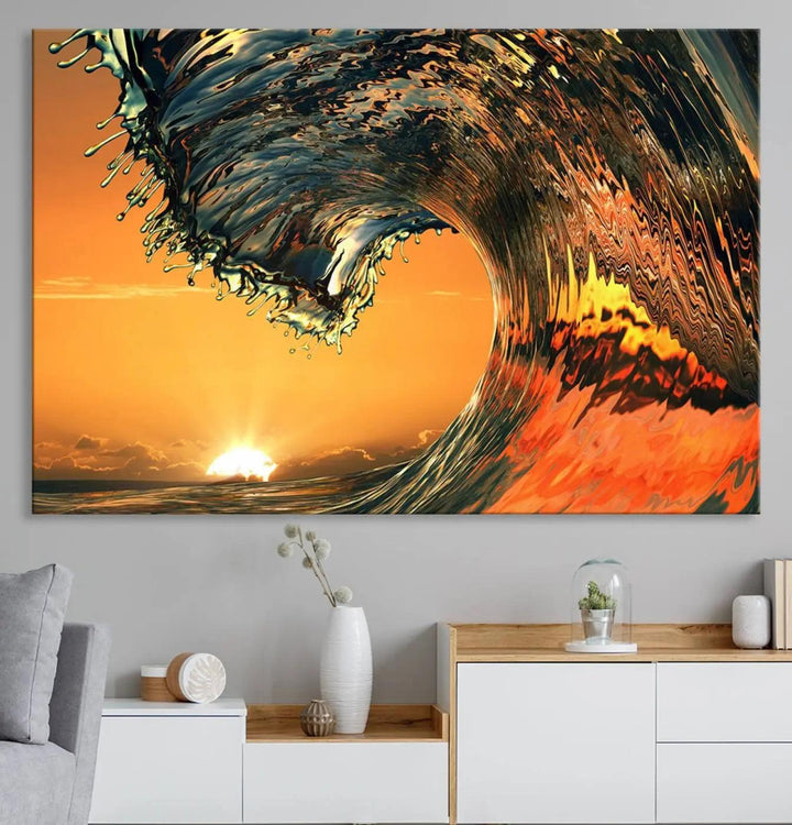 Surf Wave Sunset Canvas Wall Art Print, 3-Panel Ocean Coastal Wall Art Print, Ocean Decor for Coastal Homes, Living Room, Farmhouse Wall Decor