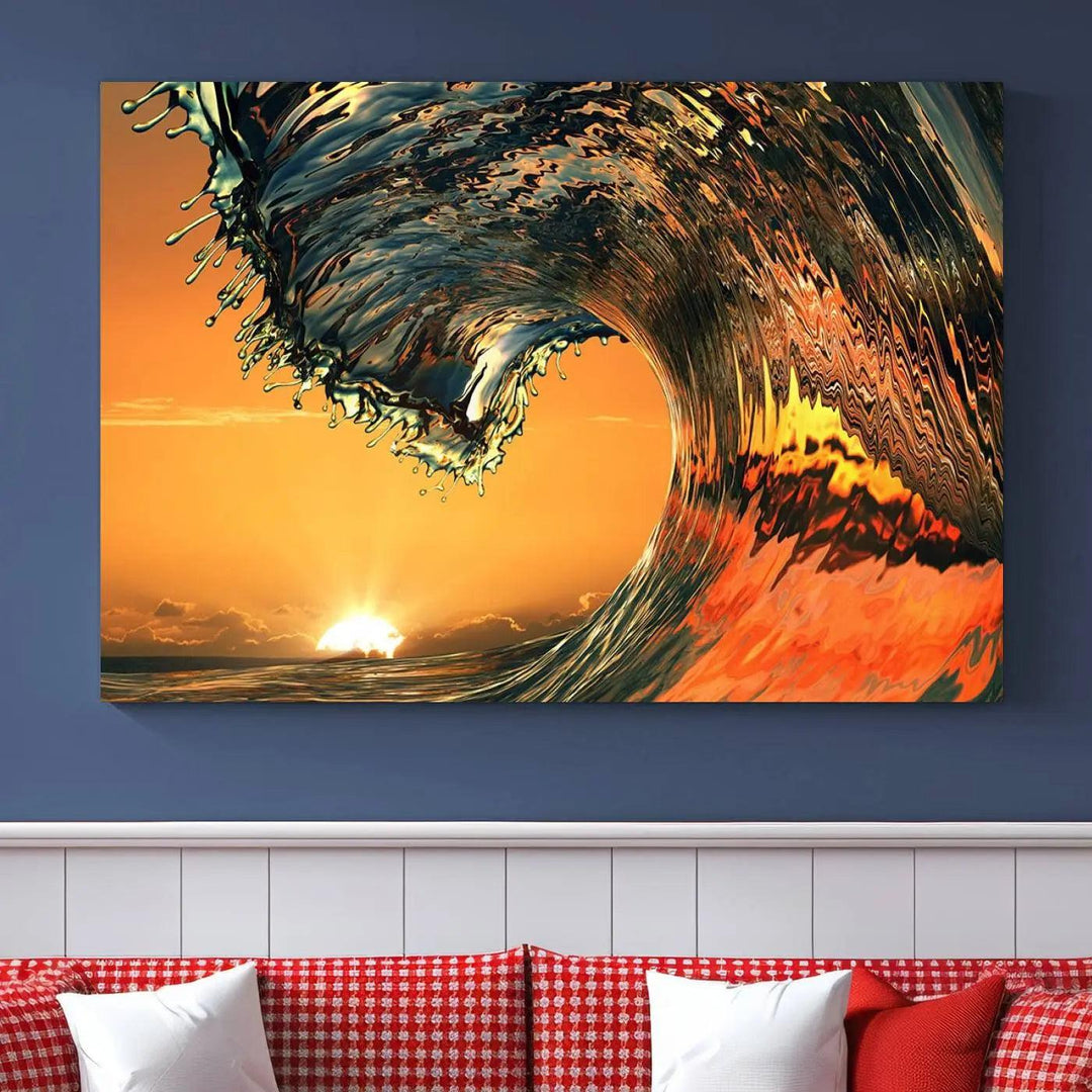 Surf Wave Sunset Canvas Wall Art Print, 3-Panel Ocean Coastal Wall Art Print, Ocean Decor for Coastal Homes, Living Room, Farmhouse Wall Decor