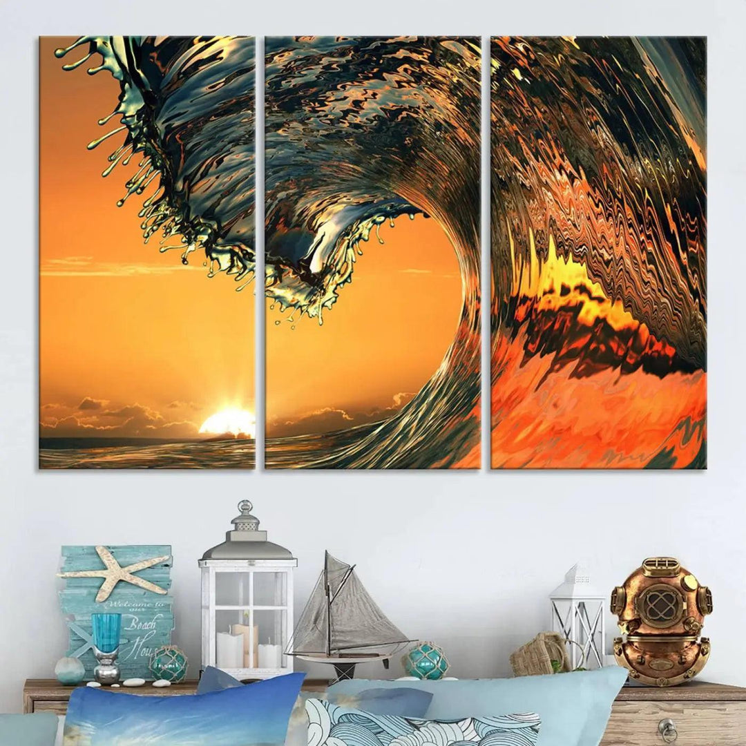 Surf Wave Sunset Canvas Wall Art Print, 3-Panel Ocean Coastal Wall Art Print, Ocean Decor for Coastal Homes, Living Room, Farmhouse Wall Decor