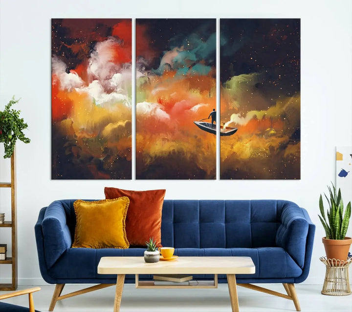 The "Surreal Space Adventure Canvas Wall Art" is a dreamlike abstract galaxy print with an astronaut among clouds, inviting you on a space adventure. This stunning piece comes framed and ready to hang, making it perfect for enhancing living room or bedroom decor.