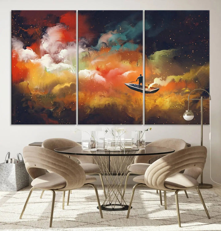 The "Surreal Space Adventure Canvas Wall Art" is a dreamlike abstract galaxy print with an astronaut among clouds, inviting you on a space adventure. This stunning piece comes framed and ready to hang, making it perfect for enhancing living room or bedroom decor.