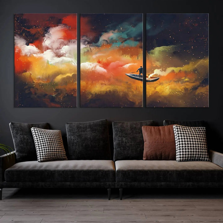 The "Surreal Space Adventure Canvas Wall Art" is a dreamlike abstract galaxy print with an astronaut among clouds, inviting you on a space adventure. This stunning piece comes framed and ready to hang, making it perfect for enhancing living room or bedroom decor.