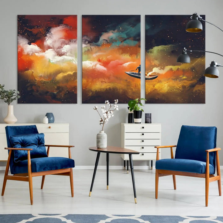 The "Surreal Space Adventure Canvas Wall Art" is a dreamlike abstract galaxy print with an astronaut among clouds, inviting you on a space adventure. This stunning piece comes framed and ready to hang, making it perfect for enhancing living room or bedroom decor.