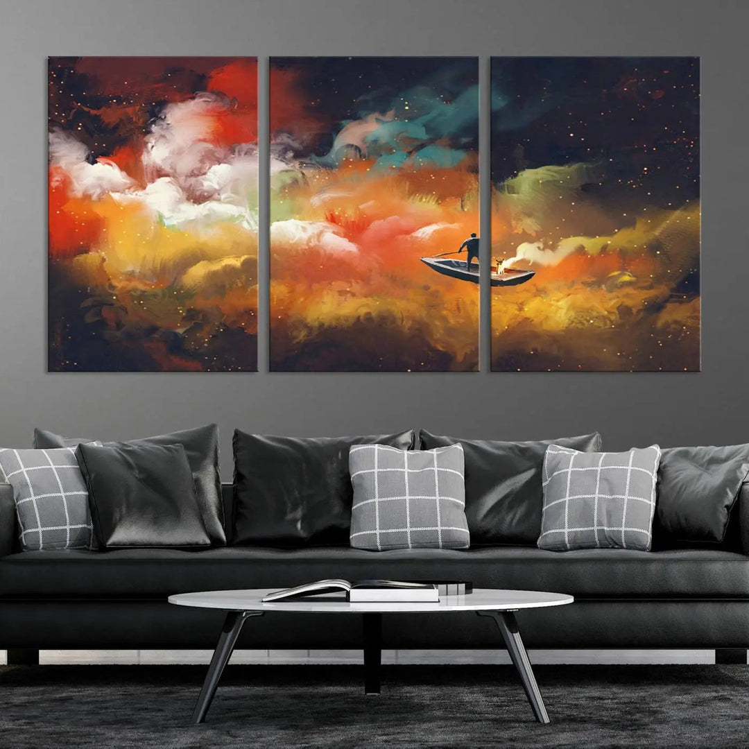 The "Surreal Space Adventure Canvas Wall Art" is a dreamlike abstract galaxy print with an astronaut among clouds, inviting you on a space adventure. This stunning piece comes framed and ready to hang, making it perfect for enhancing living room or bedroom decor.