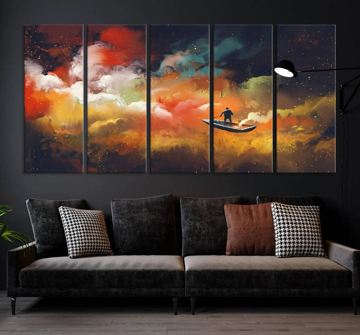 The "Surreal Space Adventure Canvas Wall Art" is a dreamlike abstract galaxy print with an astronaut among clouds, inviting you on a space adventure. This stunning piece comes framed and ready to hang, making it perfect for enhancing living room or bedroom decor.